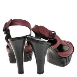 Pre Owned Bottega Veneta Burgundy Leather Peep Toe Platform Slingback Sandals Size 39