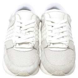 Pre Owned Bottega Veneta White Intrecciato Leather, Mesh and Suede Lace Up Sneakers Size 39.5