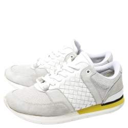 Pre Owned Bottega Veneta White Intrecciato Leather, Mesh and Suede Lace Up Sneakers Size 39.5