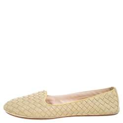 Pre Owned Bottega Veneta Pale Yellow Intrecciato Leather Ballet Flats Size 40