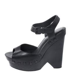 مملوكة مسبقًا صندل بوتيغا فينيتا بمقدمة مفتوحة و بنعل سميك و بكعب روكي جلد أسود مقاس 37.5