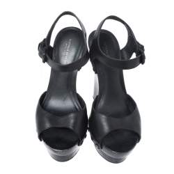 مملوكة مسبقًا صندل بوتيغا فينيتا بمقدمة مفتوحة و بنعل سميك و بكعب روكي جلد أسود مقاس 37.5