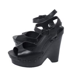 مملوكة مسبقًا صندل بوتيغا فينيتا بمقدمة مفتوحة و بنعل سميك و بكعب روكي جلد أسود مقاس 37.5