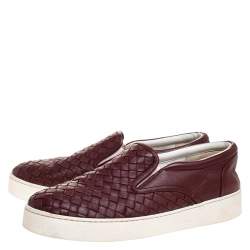 Pre Owned Bottega Veneta Burgundy Intrecciato Leather Dodger Slip On Sneakers Size 38