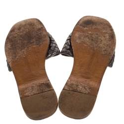 Pre Owned Bottega Veneta Metallic Dark Grey Intrecciato Leather Flat Slides Size 39.5