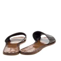 Pre Owned Bottega Veneta Metallic Dark Grey Intrecciato Leather Flat Slides Size 39.5