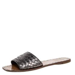 Pre Owned Bottega Veneta Metallic Dark Grey Intrecciato Leather Flat Slides Size 39.5