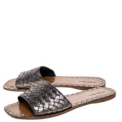 Pre Owned Bottega Veneta Metallic Dark Grey Intrecciato Leather Flat Slides Size 39.5