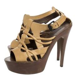 Bottega Veneta Cream Leather Wooden Platform And Heel Sandals Size 39