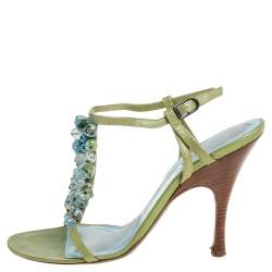 مملوكة مسبقًا Bottega Veneta Green/Blue Leather Faux Pearls Embellished Open Toe Ankle Strap Sandals Size 38.5