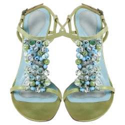 مملوكة مسبقًا Bottega Veneta Green/Blue Leather Faux Pearls Embellished Open Toe Ankle Strap Sandals Size 38.5