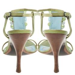 مملوكة مسبقًا Bottega Veneta Green/Blue Leather Faux Pearls Embellished Open Toe Ankle Strap Sandals Size 38.5
