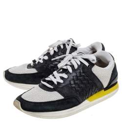 Pre Owned Bottega Veneta White/Black Mesh And Intrecciato Suede Leather Lace Up Low Top Sneakers Size 39.5