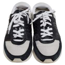 Pre Owned Bottega Veneta White/Black Mesh And Intrecciato Suede Leather Lace Up Low Top Sneakers Size 39.5
