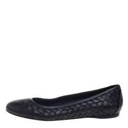 Pre Owned Bottega Veneta Black Intercciato Leather Ballet Flats Size 36.5