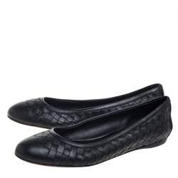 Pre Owned Bottega Veneta Black Intercciato Leather Ballet Flats Size 36.5