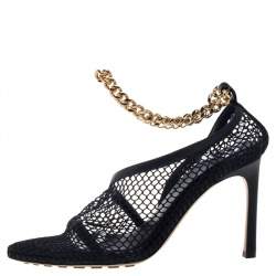 مملوكة مسبقًا Bottega Veneta Black Mesh And Leather Trims Chain Embellished Ankle Cuff Pumps Size 38.5