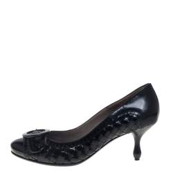 Pre Owned Bottega Veneta Intrecciato Black Patent Leather Buckle Detail Pumps Size 36