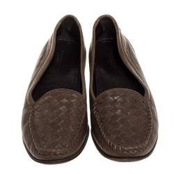 Pre Owned Bottega Veneta Olive Green Intrecciato Leather Loafers Size 38.5