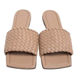 Bottega Veneta Beige Intrecciato Leather Slide Sandals Size 40.5