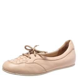 Pre Owned Bottega Veneta Beige Intercciato Leather Lace Up Loafers Size 38.5