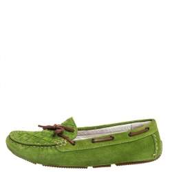 Bottega Veneta Green Intrecciato Suede Bow Slip on Loafers Size 38