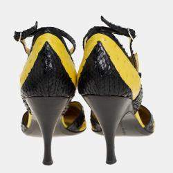Bottega Veneta Yellow/Black  Ostrich And Python Ankle Strap Pumps Size 39