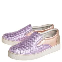 Pre Owned Bottega Veneta Multicolor Woven Leather Slip on Sneakers Size 36