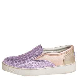 Pre Owned Bottega Veneta Multicolor Woven Leather Slip on Sneakers Size 36