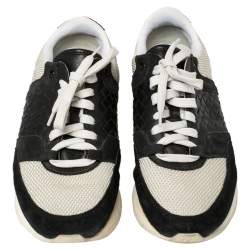 Pre Owned Bottega Veneta White/Black Mesh And Suede Intrecciato Leather Lace Up Low Top Sneakers Size 39