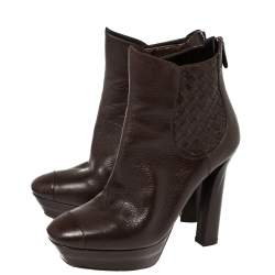 مملوكة مسبقًا Bottega Veneta Brown Leather Intrecciato Platform Ankle Boots Size 38.5