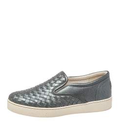 Pre Owned Bottega Veneta Grey Intrecciato Leather Dodger Slip On Sneakers Size 37.5