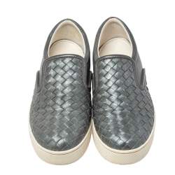 Pre Owned Bottega Veneta Grey Intrecciato Leather Dodger Slip On Sneakers Size 37.5