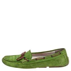Pre Owned Bottega Veneta Green/Brown Intrecciato Suede Bow Slip On Loafers Size 38.5