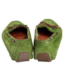Pre Owned Bottega Veneta Green/Brown Intrecciato Suede Bow Slip On Loafers Size 38.5