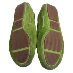 Pre Owned Bottega Veneta Green/Brown Intrecciato Suede Bow Slip On Loafers Size 38.5