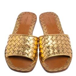 Bottega Veneta Gold Intrecciato Leather Ravello Flats Size 36.5