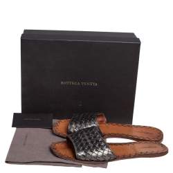 Pre Owned Bottega Veneta Metallic Green Intrecciato Leather Slide Flats Size 41