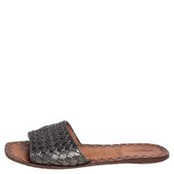 Pre Owned Bottega Veneta Metallic Green Intrecciato Leather Slide Flats Size 41