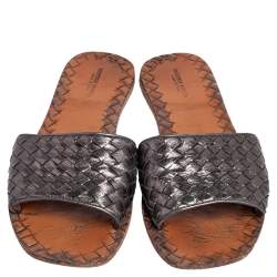 Pre Owned Bottega Veneta Metallic Green Intrecciato Leather Slide Flats Size 41