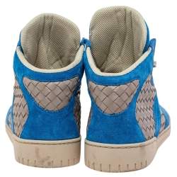 Pre Owned Bottega Veneta Blue/Grey Suede And Intrecciato Leather High Top Lace Up Sneakers Size 42