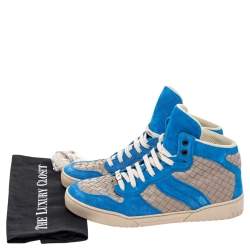 Pre Owned Bottega Veneta Blue/Grey Suede And Intrecciato Leather High Top Lace Up Sneakers Size 42