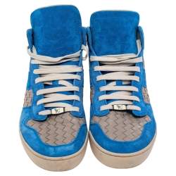 Pre Owned Bottega Veneta Blue/Grey Suede And Intrecciato Leather High Top Lace Up Sneakers Size 42