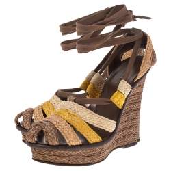 Pre Owned Bottega Veneta Multicolor Raffia Platform Ankle Wrap Wedge Sandals Size 37