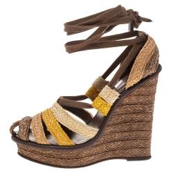 Pre Owned Bottega Veneta Multicolor Raffia Platform Ankle Wrap Wedge Sandals Size 37