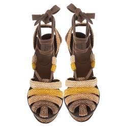 Pre Owned Bottega Veneta Multicolor Raffia Platform Ankle Wrap Wedge Sandals Size 37