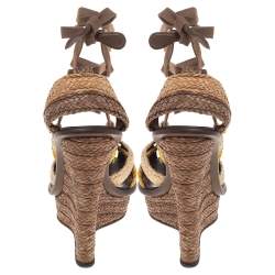 Pre Owned Bottega Veneta Multicolor Raffia Platform Ankle Wrap Wedge Sandals Size 37