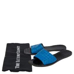 مملوكة مسبقًا Bottega Veneta Blue Intrecciato Leather Flat Slides Size 38