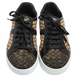 Pre Owned Bottega Veneta Black/Gold Woven Fabric and Leather Lace Low Top Sneakers Size 37