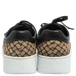 Pre Owned Bottega Veneta Black/Gold Woven Fabric and Leather Lace Low Top Sneakers Size 37
